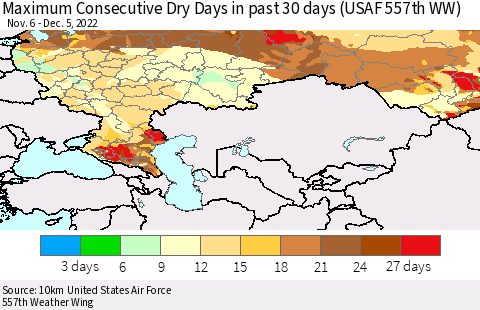 Russian Federation Maximum Consecutive Dry Days in past 30 days (USAF 557th WW) 12/05/2022 Thematic Map For 12/1/2022 - 12/5/2022