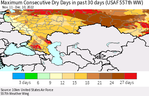 Russian Federation Maximum Consecutive Dry Days in past 30 days (USAF 557th WW) 12/10/2022 Thematic Map For 12/6/2022 - 12/10/2022