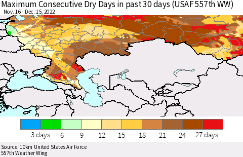 Russian Federation Maximum Consecutive Dry Days in past 30 days (USAF 557th WW) 12/15/2022 Thematic Map For 12/11/2022 - 12/15/2022
