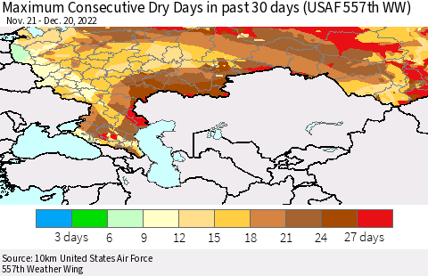 Russian Federation Maximum Consecutive Dry Days in past 30 days (USAF 557th WW) 12/20/2022 Thematic Map For 12/16/2022 - 12/20/2022