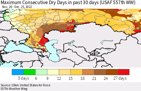 Russian Federation Maximum Consecutive Dry Days in past 30 days (USAF 557th WW) 12/25/2022 Thematic Map For 12/21/2022 - 12/25/2022