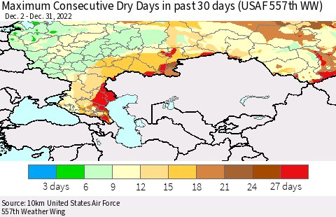 Russian Federation Maximum Consecutive Dry Days in past 30 days (USAF 557th WW) 12/31/2022 Thematic Map For 12/26/2022 - 12/31/2022