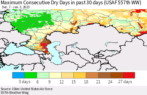 Russian Federation Maximum Consecutive Dry Days in past 30 days (USAF 557th WW) 01/05/2023 Thematic Map For 1/1/2023 - 1/5/2023