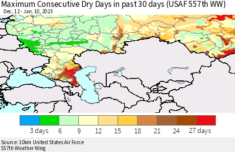 Russian Federation Maximum Consecutive Dry Days in past 30 days (USAF 557th WW) 01/10/2023 Thematic Map For 1/6/2023 - 1/10/2023