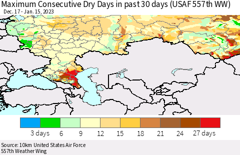Russian Federation Maximum Consecutive Dry Days in past 30 days (USAF 557th WW) 01/15/2023 Thematic Map For 1/11/2023 - 1/15/2023
