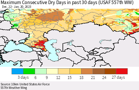 Russian Federation Maximum Consecutive Dry Days in past 30 days (USAF 557th WW) 01/20/2023 Thematic Map For 1/16/2023 - 1/20/2023