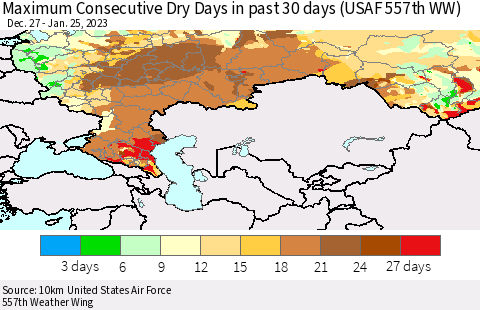 Russian Federation Maximum Consecutive Dry Days in past 30 days (USAF 557th WW) 01/25/2023 Thematic Map For 1/21/2023 - 1/25/2023