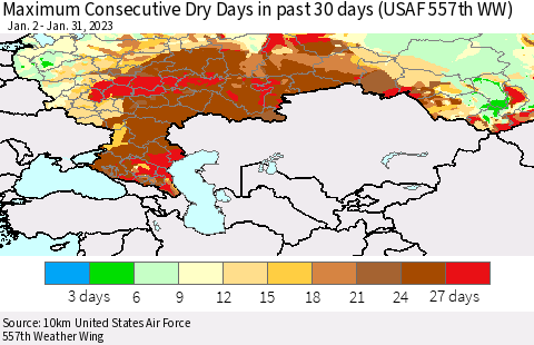 Russian Federation Maximum Consecutive Dry Days in past 30 days (USAF 557th WW) 01/31/2023 Thematic Map For 1/26/2023 - 1/31/2023
