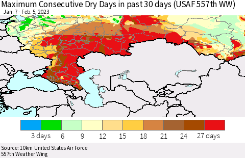 Russian Federation Maximum Consecutive Dry Days in past 30 days (USAF 557th WW) 02/05/2023 Thematic Map For 2/1/2023 - 2/5/2023