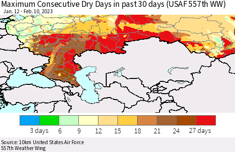 Russian Federation Maximum Consecutive Dry Days in past 30 days (USAF 557th WW) 02/10/2023 Thematic Map For 2/6/2023 - 2/10/2023