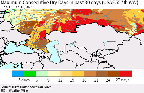 Russian Federation Maximum Consecutive Dry Days in past 30 days (USAF 557th WW) 02/15/2023 Thematic Map For 2/11/2023 - 2/15/2023