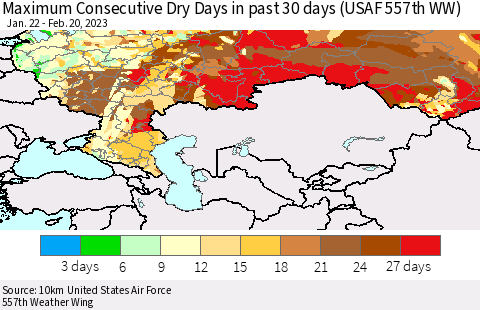 Russian Federation Maximum Consecutive Dry Days in past 30 days (USAF 557th WW) 02/20/2023 Thematic Map For 2/16/2023 - 2/20/2023