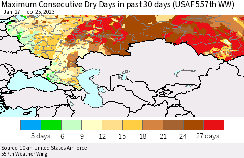 Russian Federation Maximum Consecutive Dry Days in past 30 days (USAF 557th WW) 02/25/2023 Thematic Map For 2/21/2023 - 2/25/2023