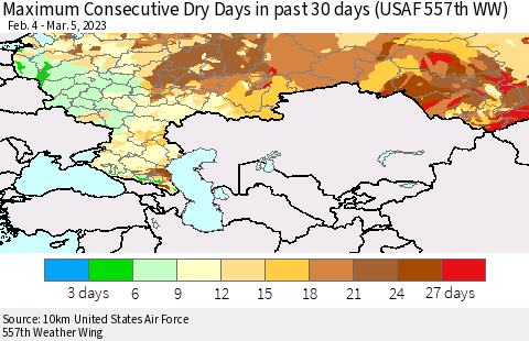 Russian Federation Maximum Consecutive Dry Days in past 30 days (USAF 557th WW) 03/05/2023 Thematic Map For 3/1/2023 - 3/5/2023