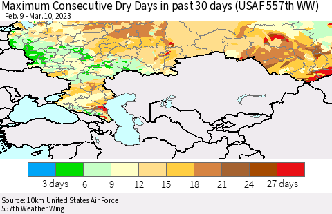 Russian Federation Maximum Consecutive Dry Days in past 30 days (USAF 557th WW) 03/10/2023 Thematic Map For 3/6/2023 - 3/10/2023