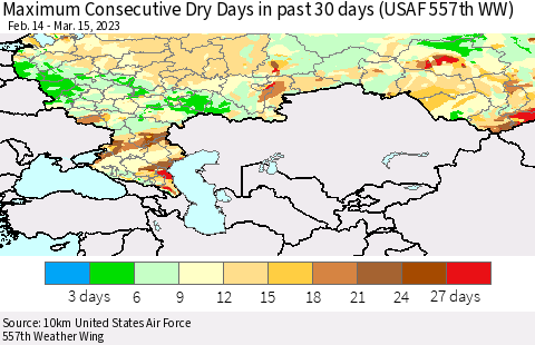Russian Federation Maximum Consecutive Dry Days in past 30 days (USAF 557th WW) 03/15/2023 Thematic Map For 3/11/2023 - 3/15/2023