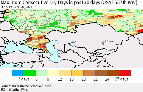 Russian Federation Maximum Consecutive Dry Days in past 30 days (USAF 557th WW) 03/20/2023 Thematic Map For 3/16/2023 - 3/20/2023