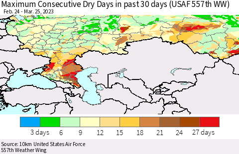 Russian Federation Maximum Consecutive Dry Days in past 30 days (USAF 557th WW) 03/25/2023 Thematic Map For 3/21/2023 - 3/25/2023
