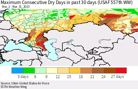 Russian Federation Maximum Consecutive Dry Days in past 30 days (USAF 557th WW) 03/31/2023 Thematic Map For 3/26/2023 - 3/31/2023