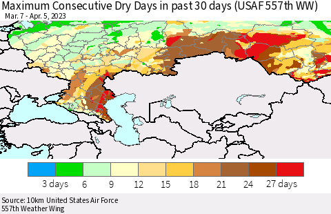 Russian Federation Maximum Consecutive Dry Days in past 30 days (USAF 557th WW) 04/05/2023 Thematic Map For 4/1/2023 - 4/5/2023