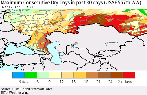 Russian Federation Maximum Consecutive Dry Days in past 30 days (USAF 557th WW) 04/10/2023 Thematic Map For 4/6/2023 - 4/10/2023