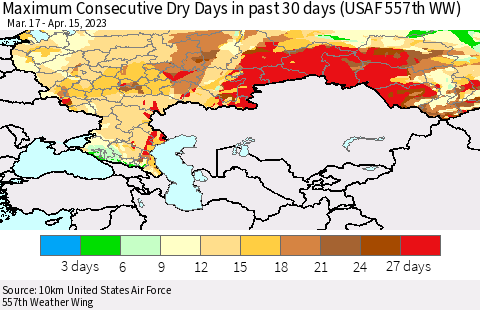 Russian Federation Maximum Consecutive Dry Days in past 30 days (USAF 557th WW) 04/15/2023 Thematic Map For 4/11/2023 - 4/15/2023