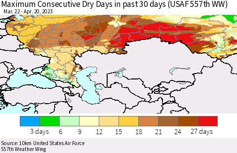 Russian Federation Maximum Consecutive Dry Days in past 30 days (USAF 557th WW) 04/20/2023 Thematic Map For 4/16/2023 - 4/20/2023