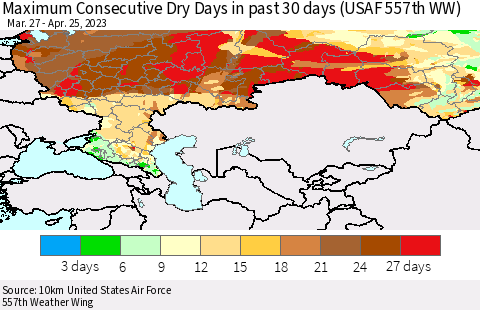 Russian Federation Maximum Consecutive Dry Days in past 30 days (USAF 557th WW) 04/25/2023 Thematic Map For 4/21/2023 - 4/25/2023