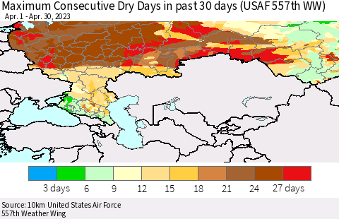 Russian Federation Maximum Consecutive Dry Days in past 30 days (USAF 557th WW) 04/30/2023 Thematic Map For 4/26/2023 - 4/30/2023