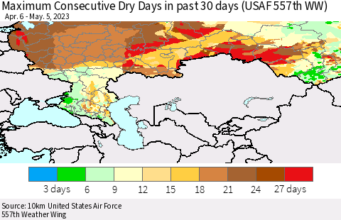 Russian Federation Maximum Consecutive Dry Days in past 30 days (USAF 557th WW) 05/05/2023 Thematic Map For 5/1/2023 - 5/5/2023