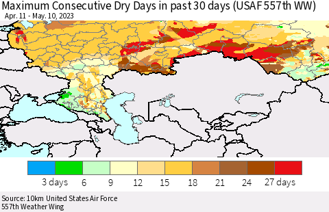 Russian Federation Maximum Consecutive Dry Days in past 30 days (USAF 557th WW) 05/10/2023 Thematic Map For 5/6/2023 - 5/10/2023
