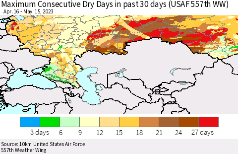 Russian Federation Maximum Consecutive Dry Days in past 30 days (USAF 557th WW) 05/15/2023 Thematic Map For 5/11/2023 - 5/15/2023