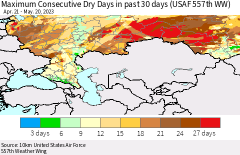 Russian Federation Maximum Consecutive Dry Days in past 30 days (USAF 557th WW) 05/20/2023 Thematic Map For 5/16/2023 - 5/20/2023