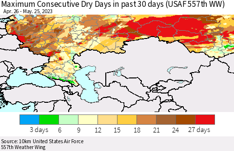 Russian Federation Maximum Consecutive Dry Days in past 30 days (USAF 557th WW) 05/25/2023 Thematic Map For 5/21/2023 - 5/25/2023