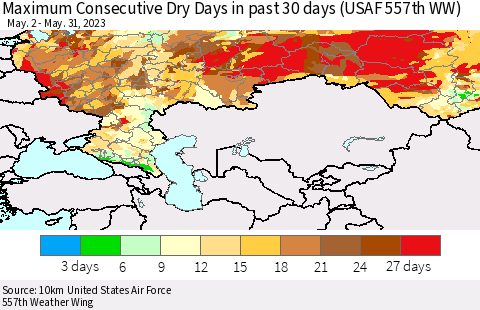 Russian Federation Maximum Consecutive Dry Days in past 30 days (USAF 557th WW) 05/31/2023 Thematic Map For 5/26/2023 - 5/31/2023