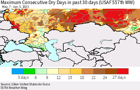 Russian Federation Maximum Consecutive Dry Days in past 30 days (USAF 557th WW) 06/05/2023 Thematic Map For 6/1/2023 - 6/5/2023