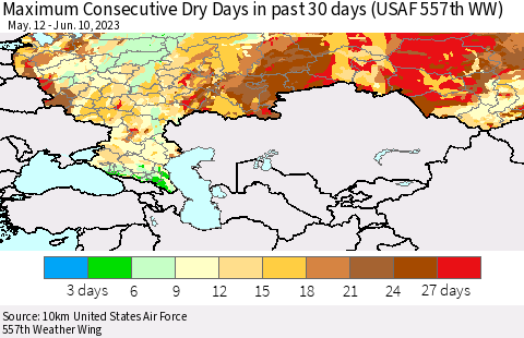 Russian Federation Maximum Consecutive Dry Days in past 30 days (USAF 557th WW) 06/10/2023 Thematic Map For 6/6/2023 - 6/10/2023