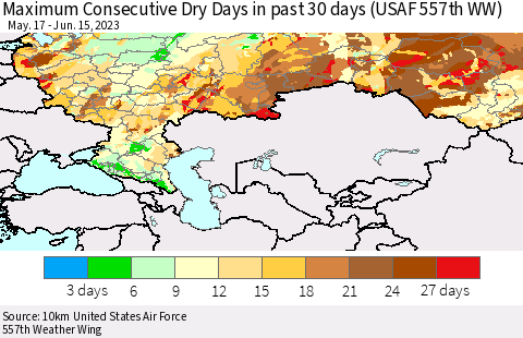 Russian Federation Maximum Consecutive Dry Days in past 30 days (USAF 557th WW) 06/15/2023 Thematic Map For 6/11/2023 - 6/15/2023