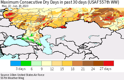 Russian Federation Maximum Consecutive Dry Days in past 30 days (USAF 557th WW) 06/20/2023 Thematic Map For 6/16/2023 - 6/20/2023