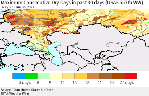 Russian Federation Maximum Consecutive Dry Days in past 30 days (USAF 557th WW) 06/25/2023 Thematic Map For 6/21/2023 - 6/25/2023