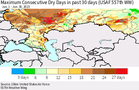 Russian Federation Maximum Consecutive Dry Days in past 30 days (USAF 557th WW) 06/30/2023 Thematic Map For 6/26/2023 - 6/30/2023