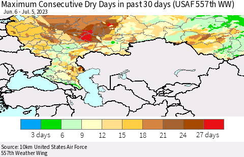 Russian Federation Maximum Consecutive Dry Days in past 30 days (USAF 557th WW) 07/05/2023 Thematic Map For 7/1/2023 - 7/5/2023