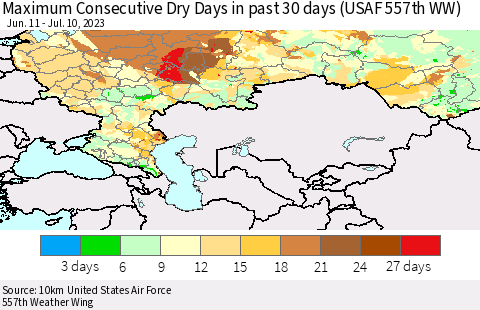 Russian Federation Maximum Consecutive Dry Days in past 30 days (USAF 557th WW) 07/10/2023 Thematic Map For 7/6/2023 - 7/10/2023