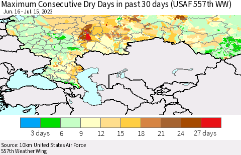 Russian Federation Maximum Consecutive Dry Days in past 30 days (USAF 557th WW) 07/15/2023 Thematic Map For 7/11/2023 - 7/15/2023