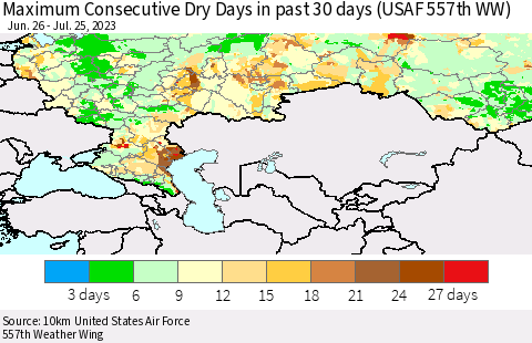 Russian Federation Maximum Consecutive Dry Days in past 30 days (USAF 557th WW) 07/25/2023 Thematic Map For 7/21/2023 - 7/25/2023