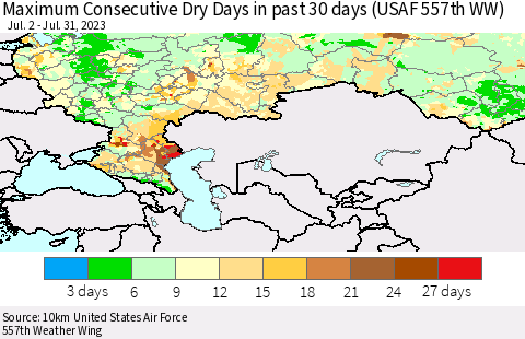 Russian Federation Maximum Consecutive Dry Days in past 30 days (USAF 557th WW) 07/31/2023 Thematic Map For 7/26/2023 - 7/31/2023