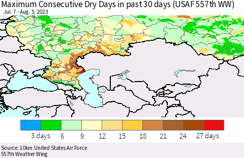 Russian Federation Maximum Consecutive Dry Days in past 30 days (USAF 557th WW) 08/05/2023 Thematic Map For 8/1/2023 - 8/5/2023