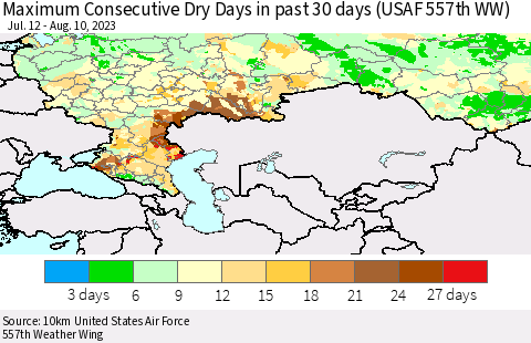 Russian Federation Maximum Consecutive Dry Days in past 30 days (USAF 557th WW) 08/10/2023 Thematic Map For 8/6/2023 - 8/10/2023