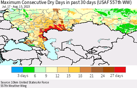 Russian Federation Maximum Consecutive Dry Days in past 30 days (USAF 557th WW) 08/15/2023 Thematic Map For 8/11/2023 - 8/15/2023