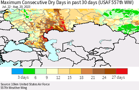 Russian Federation Maximum Consecutive Dry Days in past 30 days (USAF 557th WW) 08/20/2023 Thematic Map For 8/16/2023 - 8/20/2023